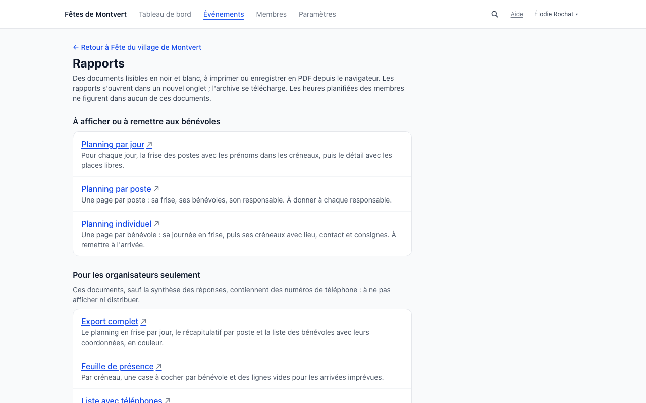 Page « Rapports » : export complet, archive de l'événement, plannings par jour, par poste et individuel, prêts à imprimer.