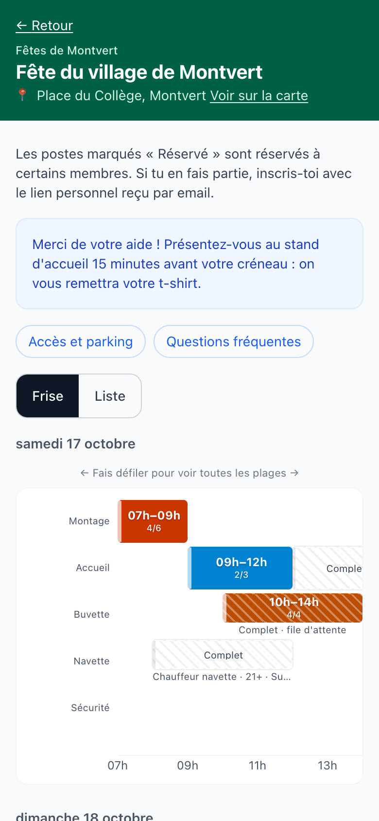 La page d'inscription sur un téléphone : la Fête du village de Montvert, ses postes (Montage, Accueil, Buvette, Navette, Sécurité) sur une frise horaire, avec les places prises et les créneaux complets.