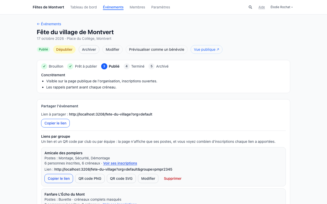Page de pilotage d'un événement publié : barre d'étapes, bloc « Partager l'événement » avec le lien à copier et les liens par groupe, statistiques (dont 2 demandes à traiter), boutons « Gérer les créneaux », « Voir les inscriptions » et « Inviter des membres », puis les outils de l'événement (QR code, Rapports, Journal, Pages, Questions, Responsables de secteur, Dupliquer)