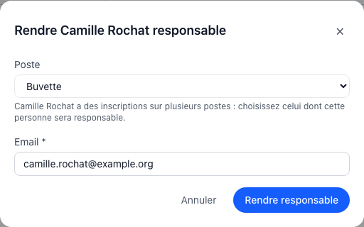 Fenêtre « Rendre Camille Rochat responsable » : choix du poste parmi ceux où la personne est inscrite, et email pré-rempli