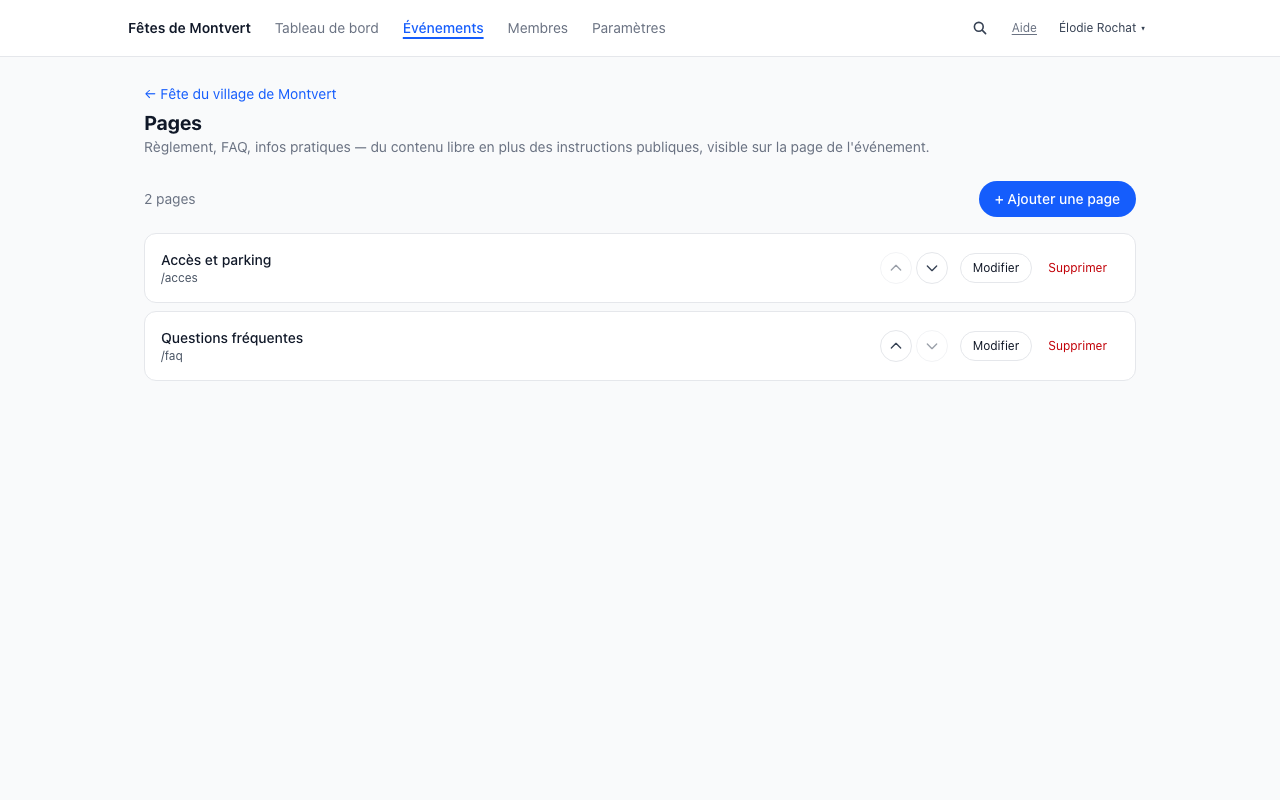Pages personnalisées d'un événement (« Accès et parking », « Questions fréquentes »), avec leur adresse et les actions modifier et supprimer