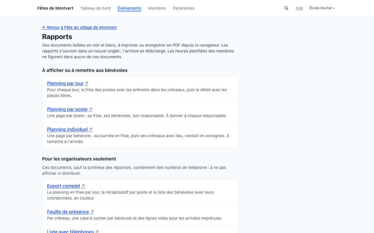 Page « Rapports » d'un événement : les plannings à remettre aux bénévoles (par jour, par poste, individuel), puis la section réservée aux organisateurs, qui commence par l'export complet