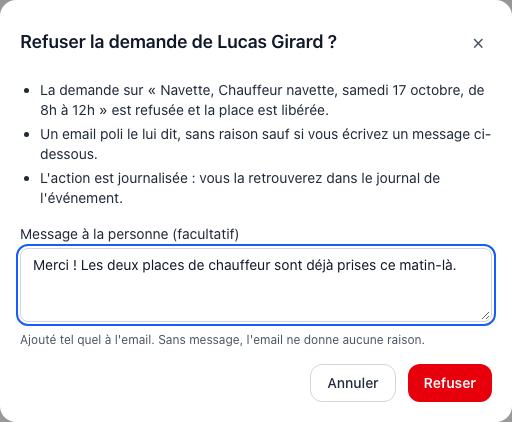 Fenêtre « Refuser la demande de Lucas Girard ? » : ce qui va se passer, un message facultatif pour la personne, et les boutons Annuler et Refuser