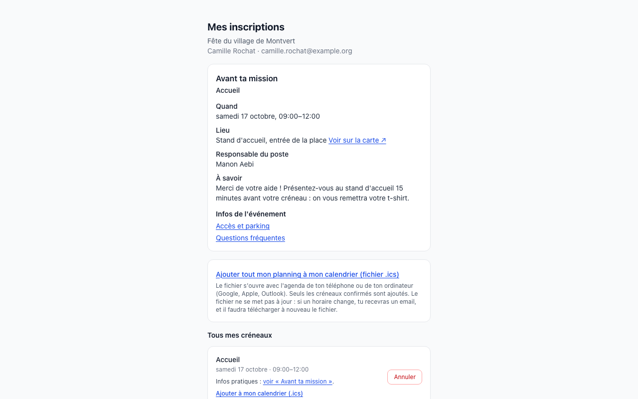 Page personnelle « Mes inscriptions » : la carte « Avant ta mission » (poste, horaire, lieu, responsable, consignes et pages de l'événement), l'ajout de tout le planning au calendrier, puis « Tous mes créneaux », chacun avec sa date et son bouton Annuler