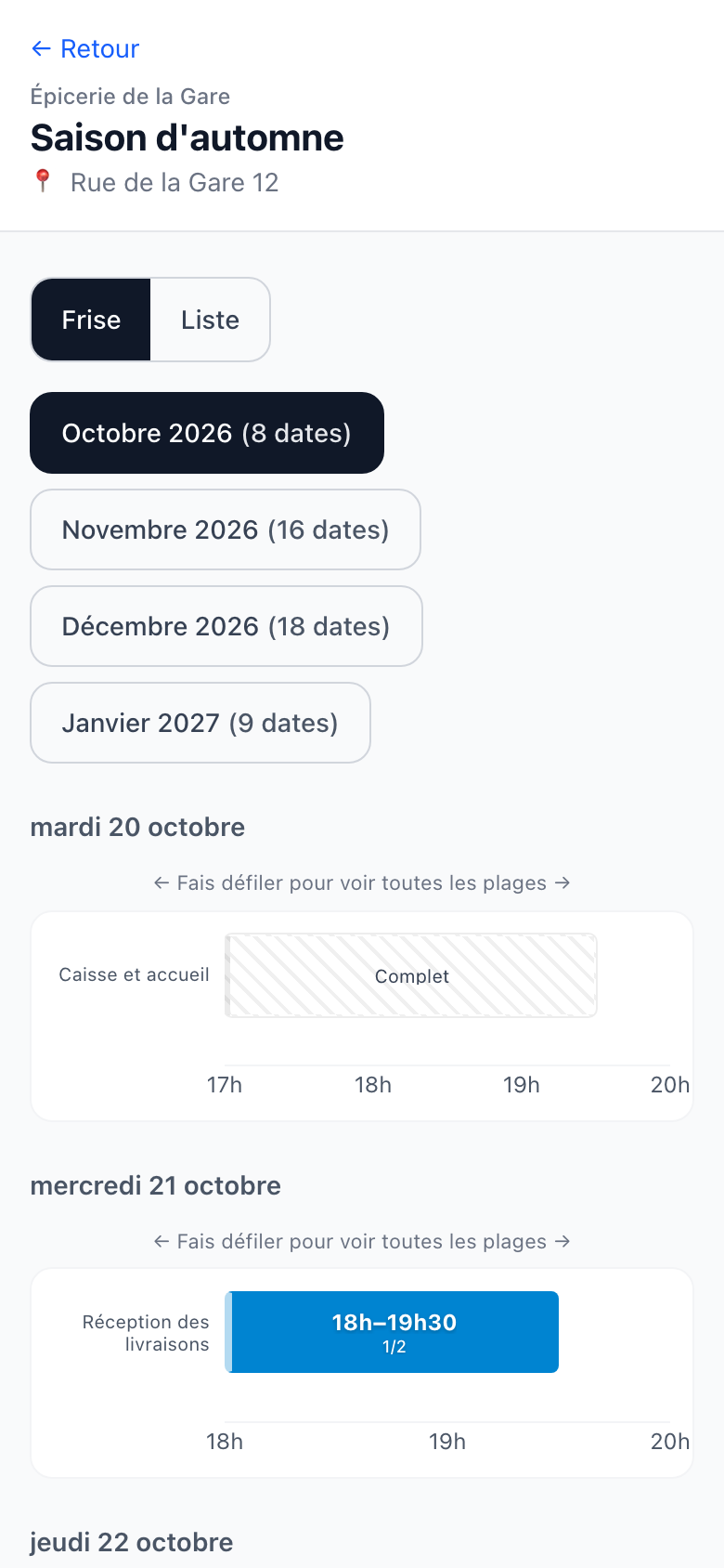 La page d'inscription de la saison d'automne de l'Épicerie de la Gare, sur un téléphone : un bouton par mois avec son nombre de dates, d'octobre à janvier, puis la caisse et l'accueil du mardi, complets, et la réception des livraisons du mercredi, une place prise sur deux.