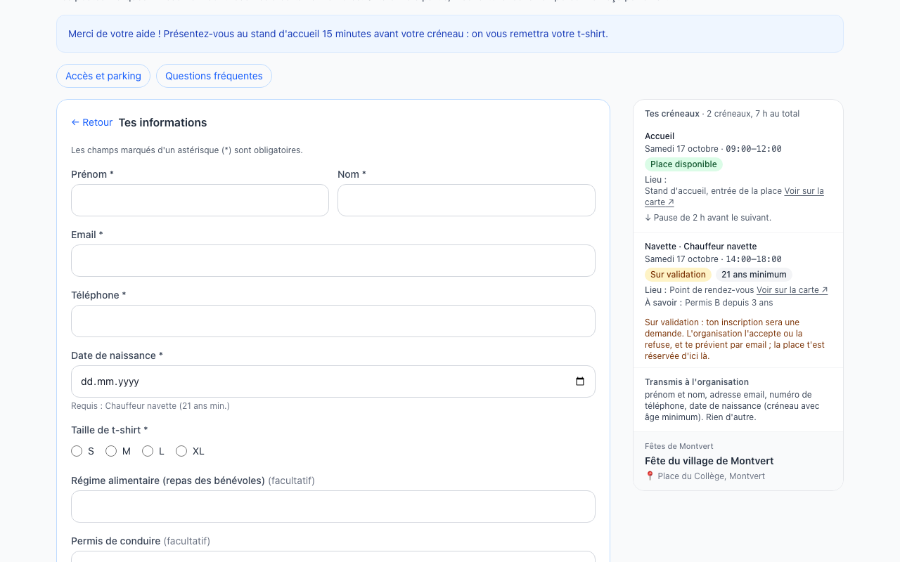 Formulaire d'inscription avec, à droite, le récapitulatif des créneaux choisis : Accueil (place disponible) et Chauffeur navette (sur validation, 21 ans minimum). Le champ Date de naissance porte le message « Requis : Chauffeur navette (21 ans min.) »