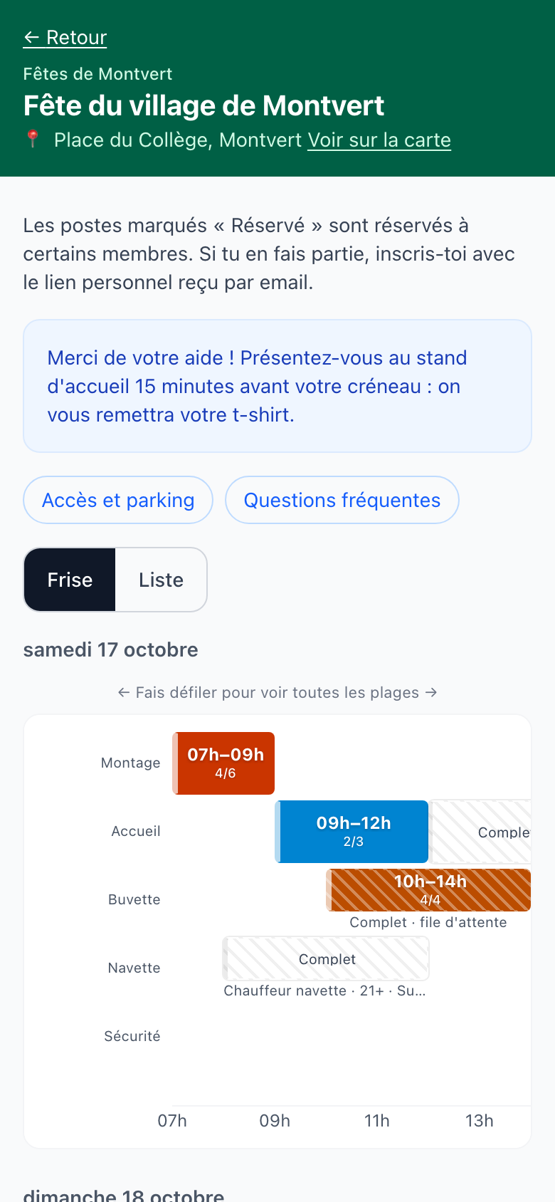 Planning public d'un événement affiché sur mobile, avec les créneaux du jour en barres colorées